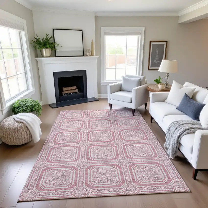 Pink And Ivory Geometric Washable Area Rug With UV Protection Photo 3