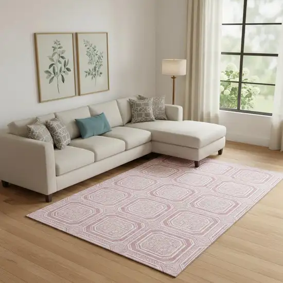 Pink And Ivory Geometric Washable Area Rug With UV Protection Photo 2