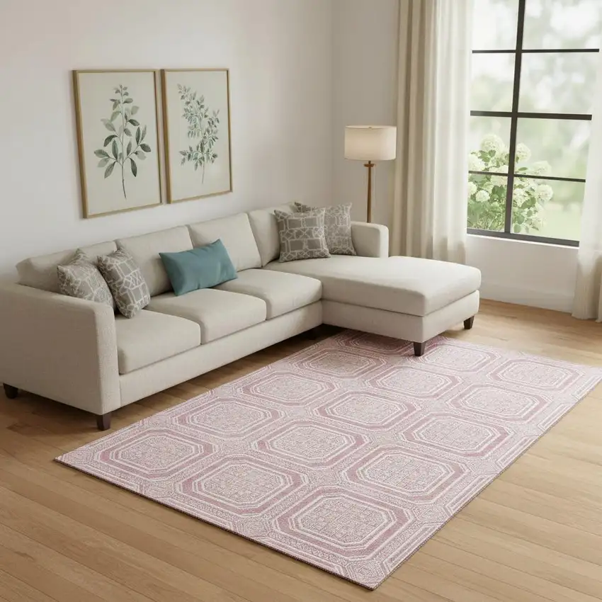 Pink And Ivory Geometric Washable Area Rug With UV Protection Photo 2