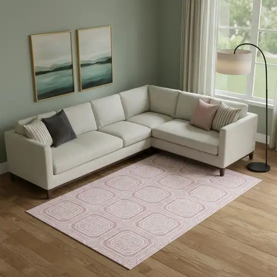 Pink And Ivory Geometric Washable Area Rug With UV Protection Photo 2