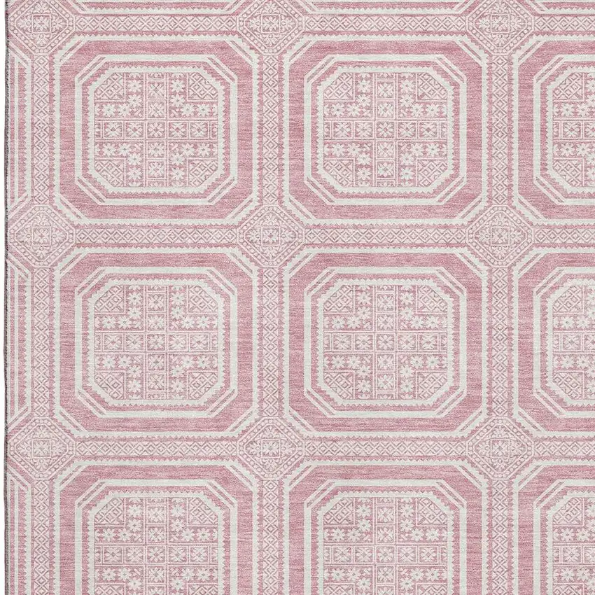 Pink And Ivory Geometric Washable Area Rug With UV Protection Photo 3