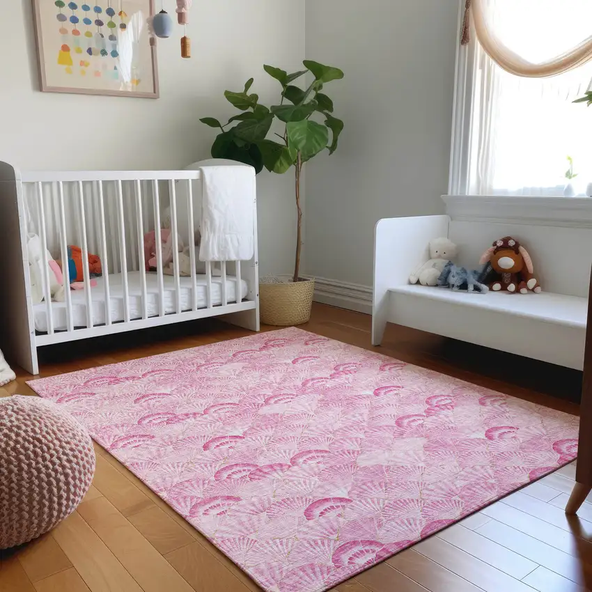 Pink And Ivory Geometric Washable Area Rug With UV Protection Photo 4