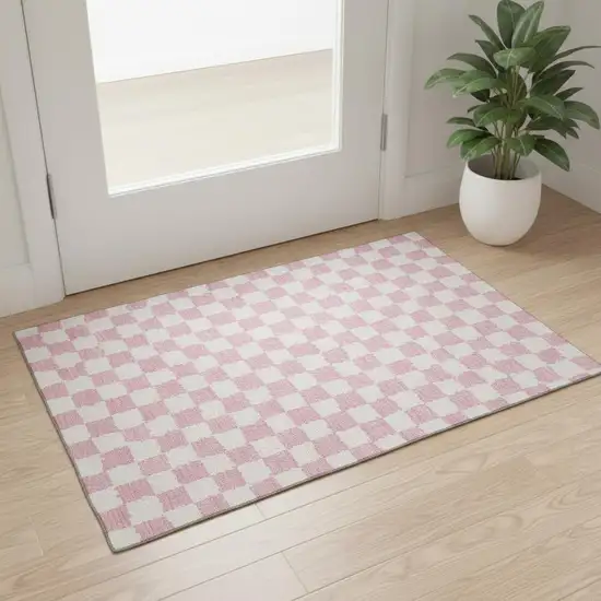 Pink And Ivory Geometric Washable Area Rug With UV Protection Photo 2
