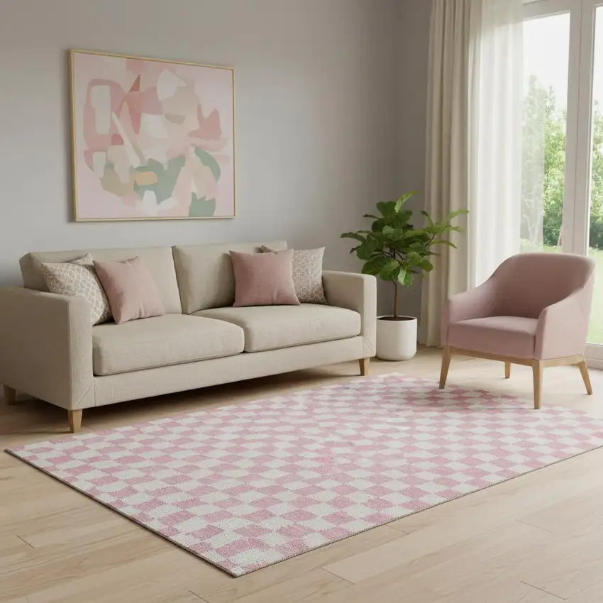 Pink And Ivory Geometric Washable Area Rug With UV Protection Photo 2