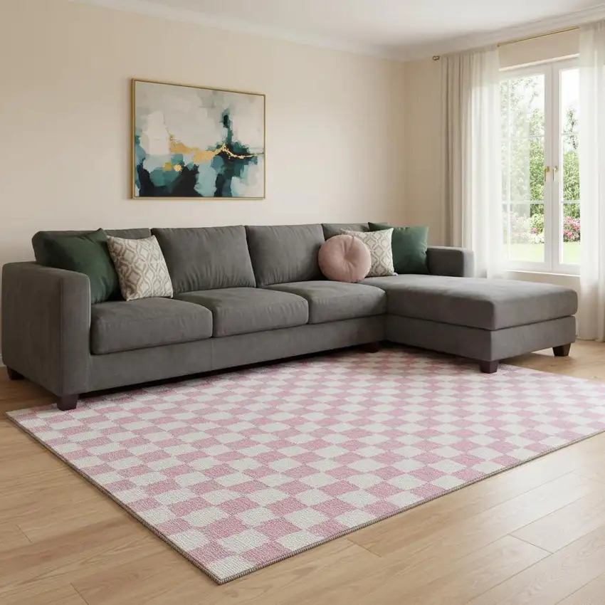 Pink And Ivory Geometric Washable Area Rug With UV Protection Photo 2