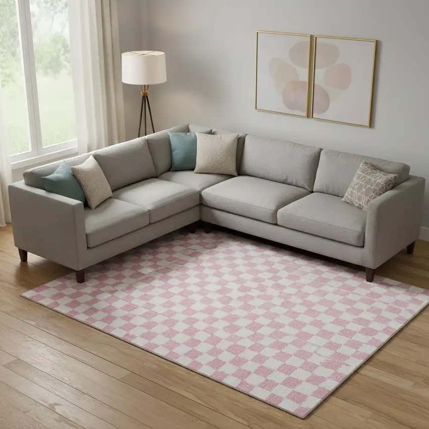 Pink And Ivory Geometric Washable Area Rug With UV Protection Photo 2