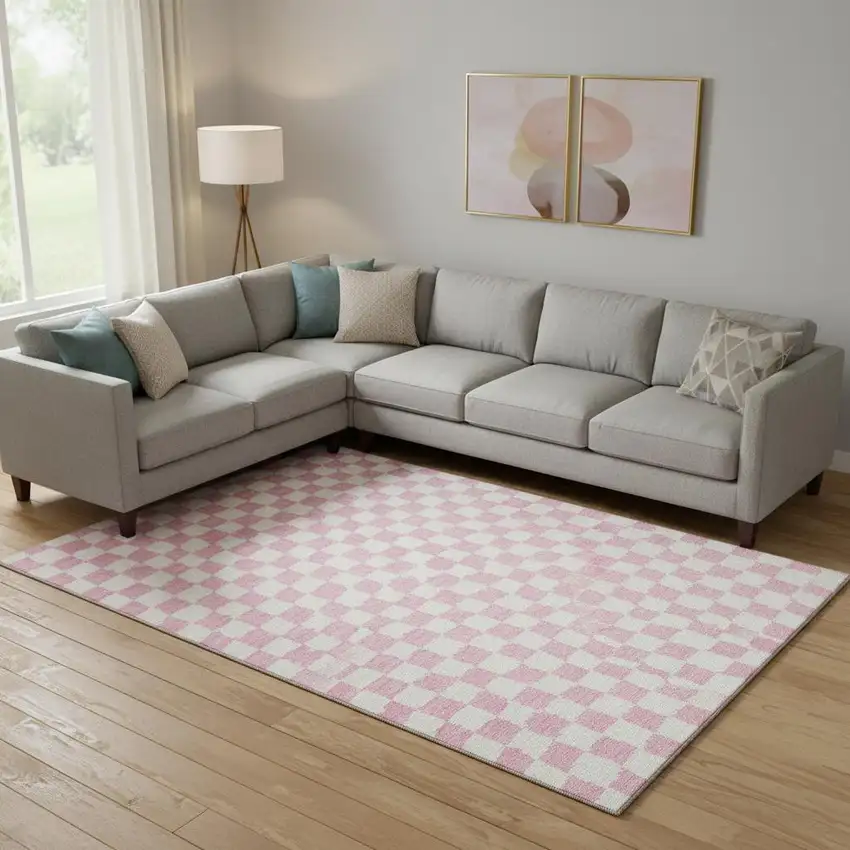 Pink And Ivory Geometric Washable Area Rug With UV Protection Photo 2