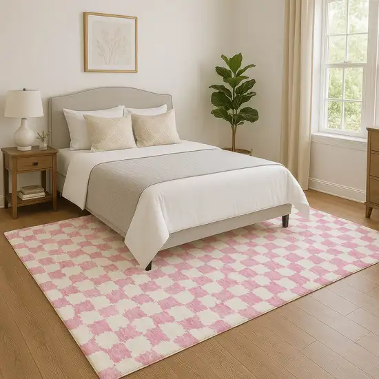 Pink And Ivory Geometric Washable Area Rug With UV Protection Photo 5