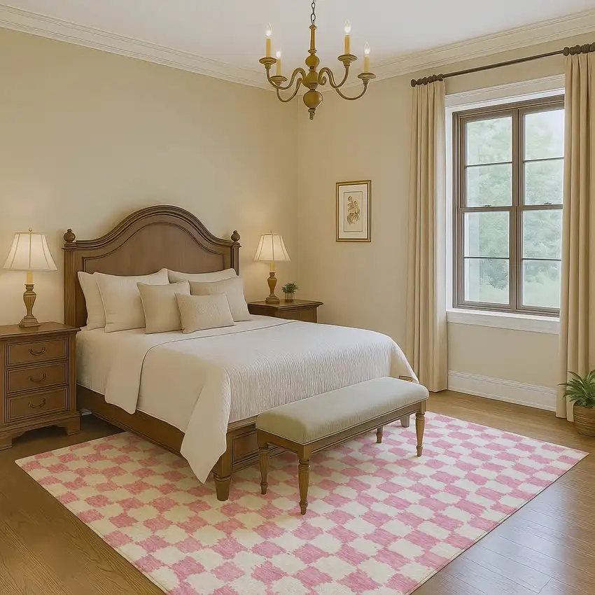 Pink And Ivory Geometric Washable Area Rug With UV Protection Photo 6