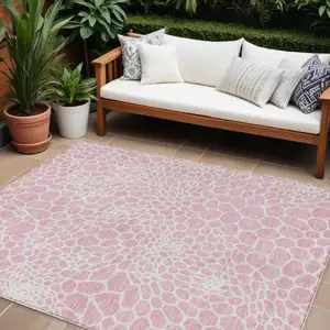 Photo of Pink And Ivory Geometric Washable Indoor Outdoor Area Rug