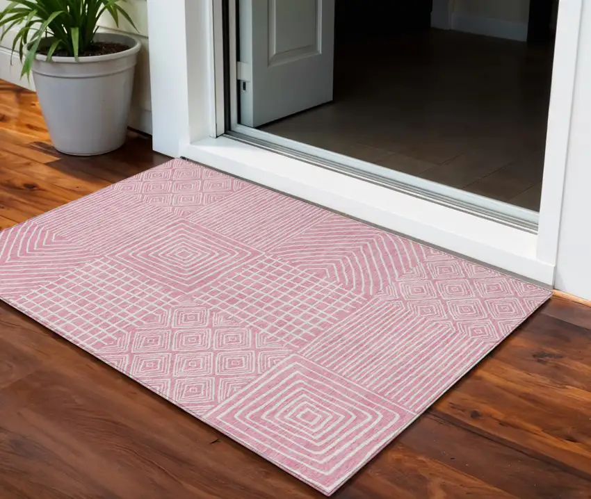 Pink And Ivory Geometric Washable Indoor Outdoor Area Rug Photo 1