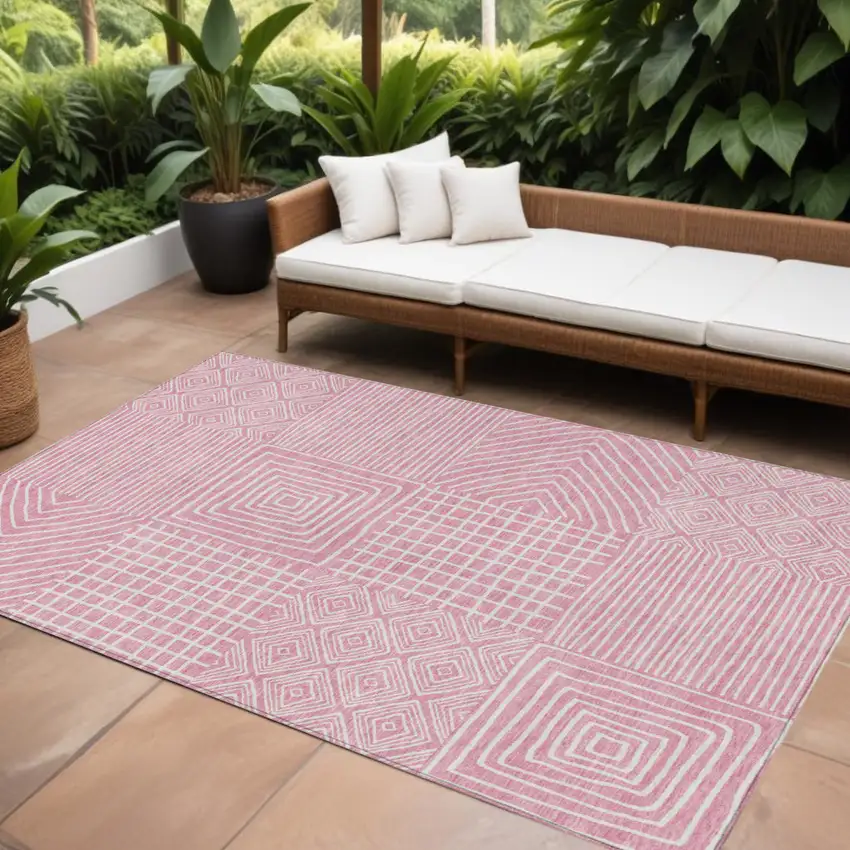 Pink And Ivory Geometric Washable Indoor Outdoor Area Rug Photo 1