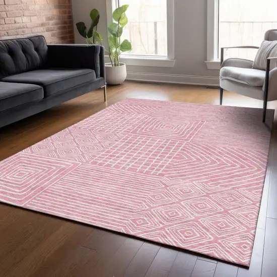 Pink And Ivory Geometric Washable Indoor Outdoor Area Rug Photo 9