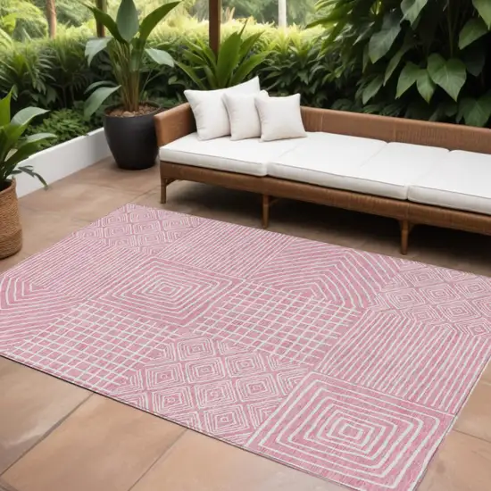 Pink And Ivory Geometric Washable Indoor Outdoor Area Rug Photo 1
