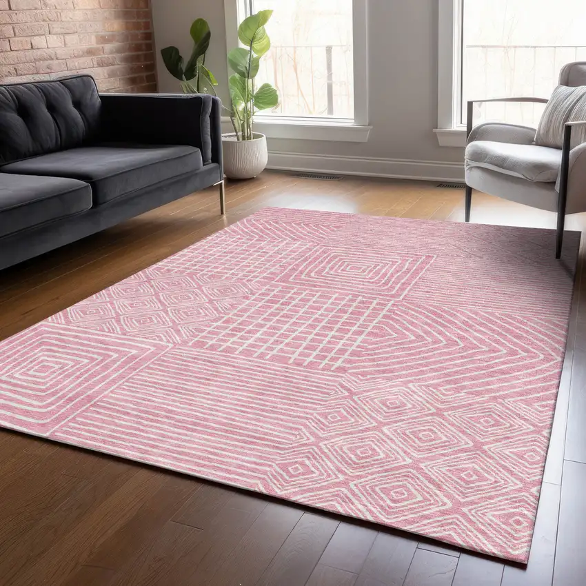 Pink And Ivory Geometric Washable Indoor Outdoor Area Rug Photo 9