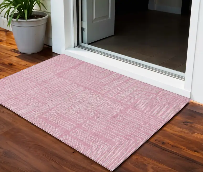 Pink And Ivory Geometric Washable Indoor Outdoor Area Rug Photo 1
