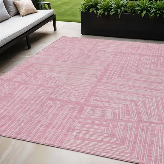 Pink And Ivory Geometric Washable Indoor Outdoor Area Rug Photo 1