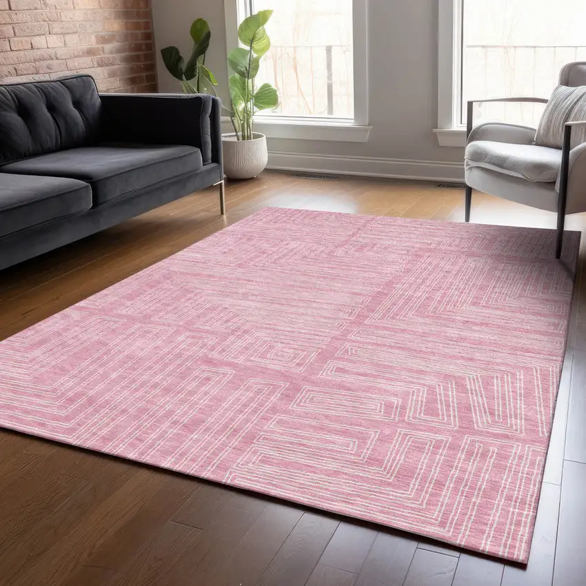 Pink And Ivory Geometric Washable Indoor Outdoor Area Rug Photo 7