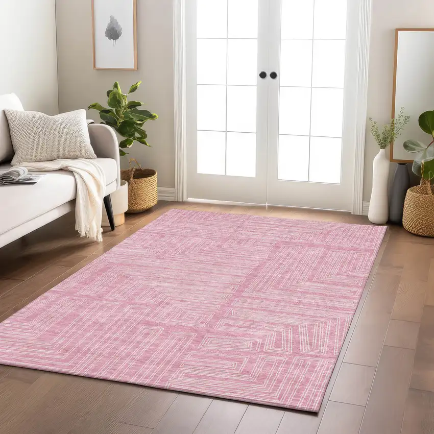 Pink And Ivory Geometric Washable Indoor Outdoor Area Rug Photo 8