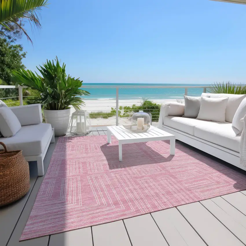Pink And Ivory Geometric Washable Indoor Outdoor Area Rug Photo 9
