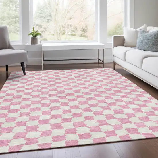 Pink And Ivory Geometric Washable Indoor Outdoor Area Rug Photo 7