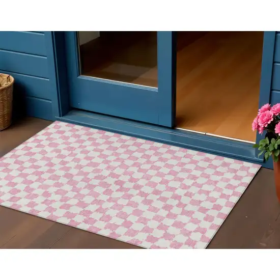 Pink And Ivory Geometric Washable Indoor Outdoor Area Rug Photo 2