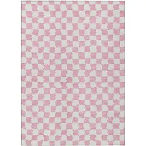 Photo of Pink And Ivory Geometric Washable Indoor Outdoor Area Rug