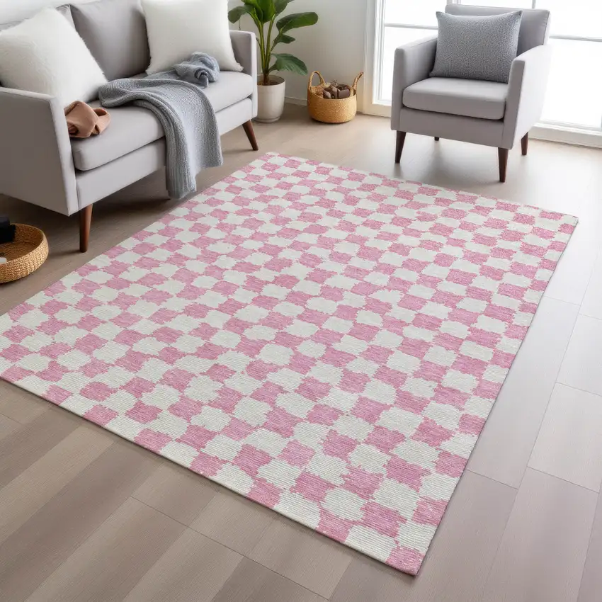 Pink And Ivory Geometric Washable Indoor Outdoor Area Rug Photo 6