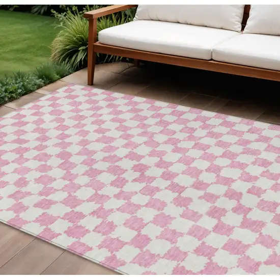 Pink And Ivory Geometric Washable Indoor Outdoor Area Rug Photo 2
