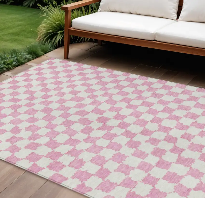 Pink And Ivory Geometric Washable Indoor Outdoor Area Rug Photo 2