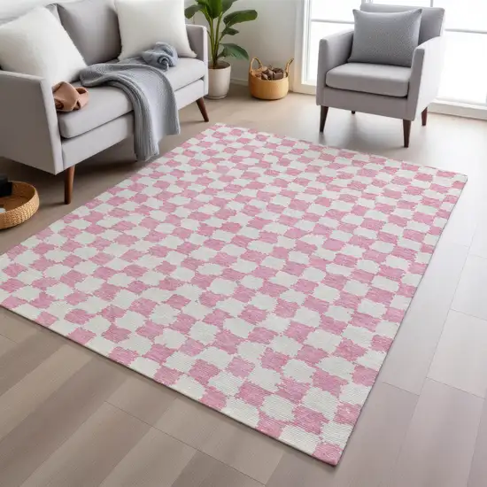Pink And Ivory Geometric Washable Indoor Outdoor Area Rug Photo 6