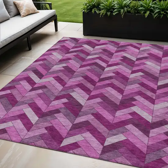 Pink And Ivory Geometric Washable Indoor Outdoor Area Rug Photo 1