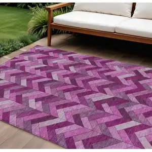 Photo of Pink And Ivory Geometric Washable Indoor Outdoor Area Rug