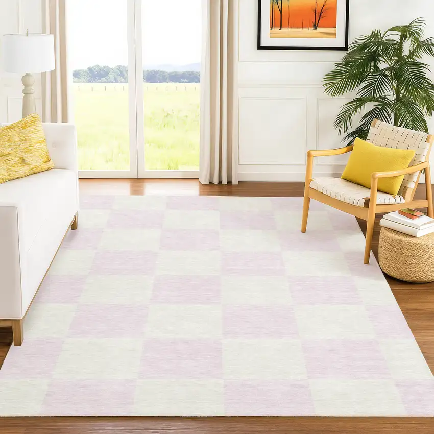 Pink And Ivory Geometric Washable Indoor Outdoor Area Rug Photo 8
