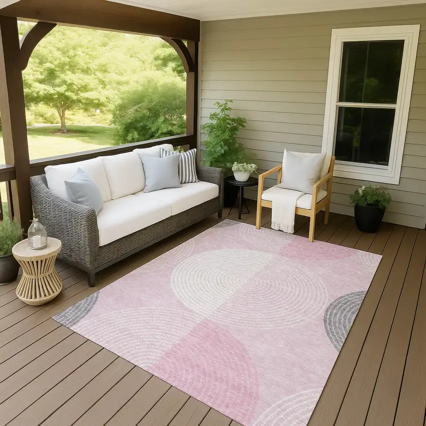 Pink And Ivory Geometric Washable Indoor Outdoor Area Rug Photo 6