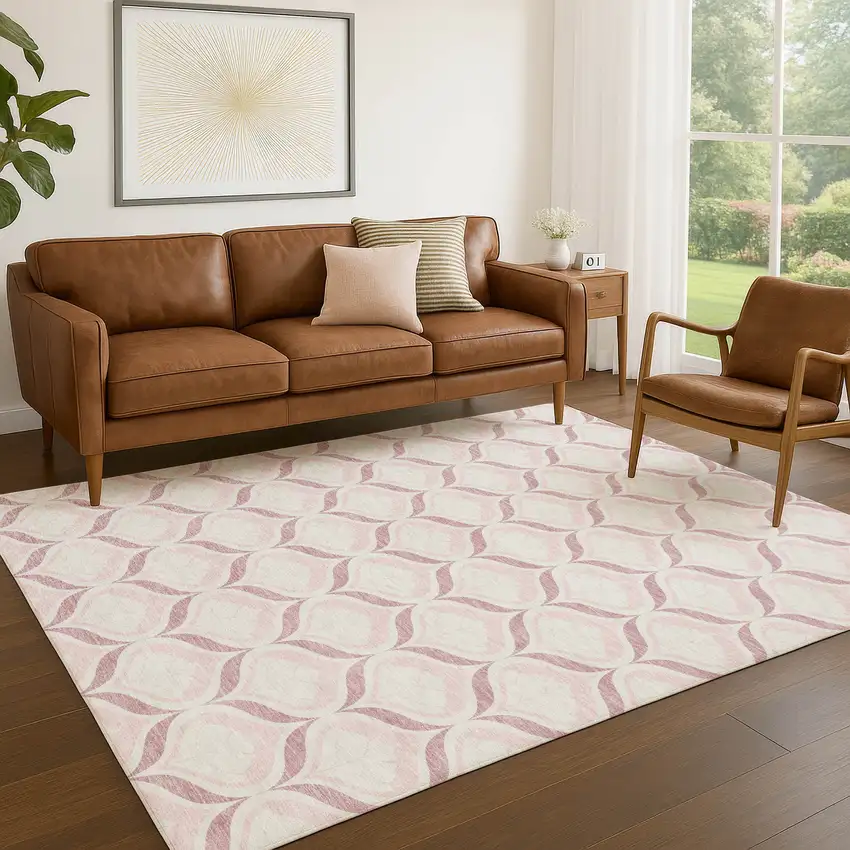 Pink And Ivory Geometric Washable Indoor Outdoor Area Rug Photo 5