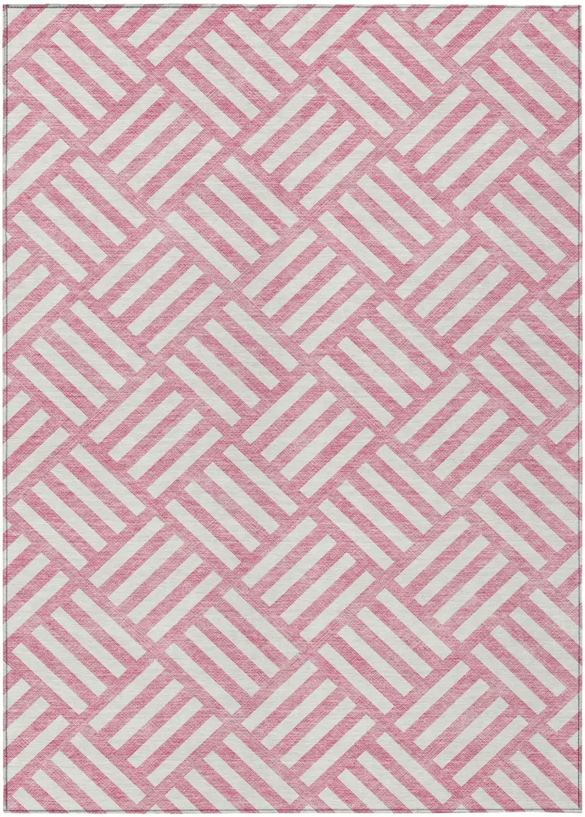 Pink And Ivory Geometric Washable Indoor Outdoor Area Rug Photo 2