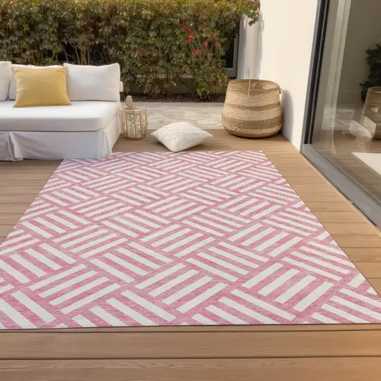 Pink And Ivory Geometric Washable Indoor Outdoor Area Rug Photo 9