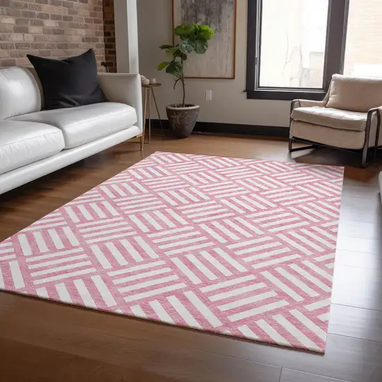 Pink And Ivory Geometric Washable Indoor Outdoor Area Rug Photo 8