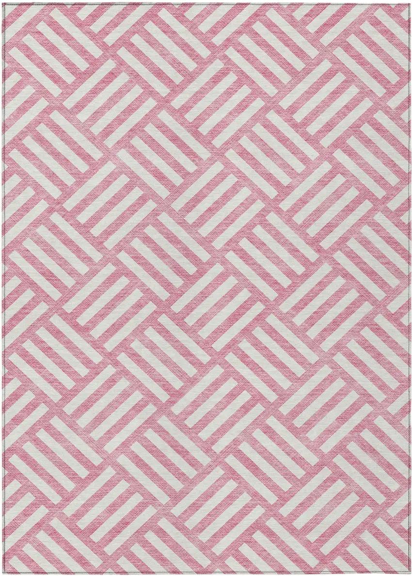 Pink And Ivory Geometric Washable Indoor Outdoor Area Rug Photo 2