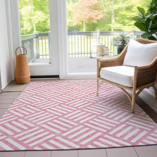 Pink And Ivory Geometric Washable Indoor Outdoor Area Rug Photo 9