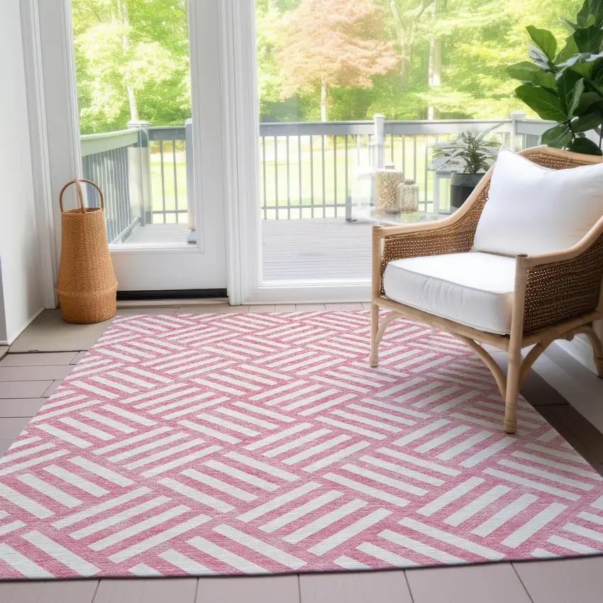 Pink And Ivory Geometric Washable Indoor Outdoor Area Rug Photo 9