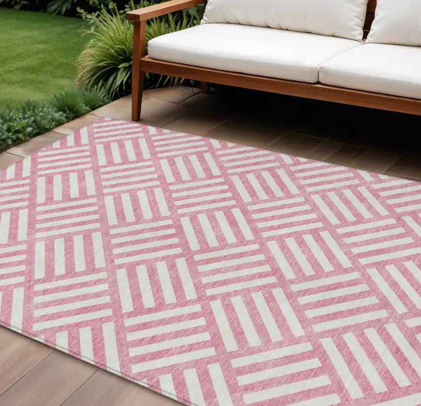 Pink And Ivory Geometric Washable Indoor Outdoor Area Rug Photo 1