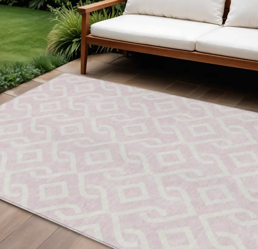 Pink And Ivory Geometric Washable Indoor Outdoor Area Rug Photo 1