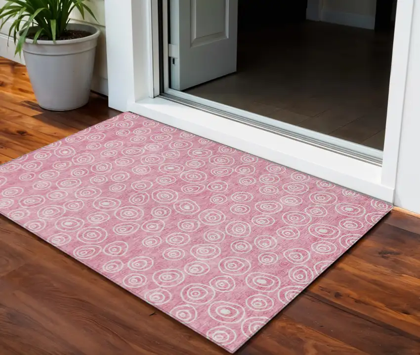 Pink And Ivory Geometric Washable Indoor Outdoor Area Rug Photo 1