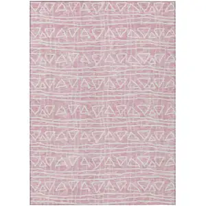 Photo of Pink And Ivory Geometric Washable Indoor Outdoor Area Rug