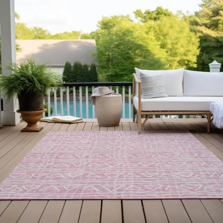 Pink And Ivory Geometric Washable Indoor Outdoor Area Rug Photo 8