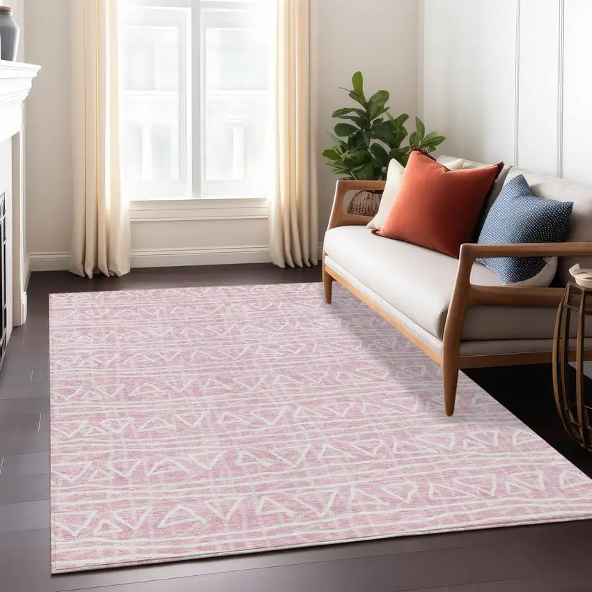 Pink And Ivory Geometric Washable Indoor Outdoor Area Rug Photo 7