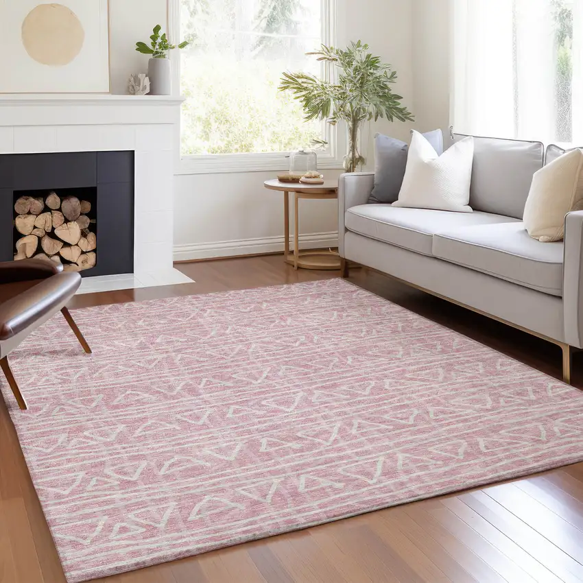Pink And Ivory Geometric Washable Indoor Outdoor Area Rug Photo 7