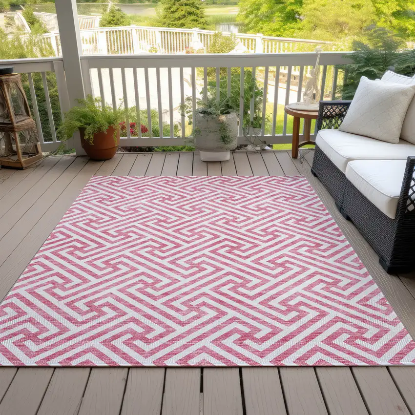 Pink And Ivory Geometric Washable Indoor Outdoor Area Rug Photo 7